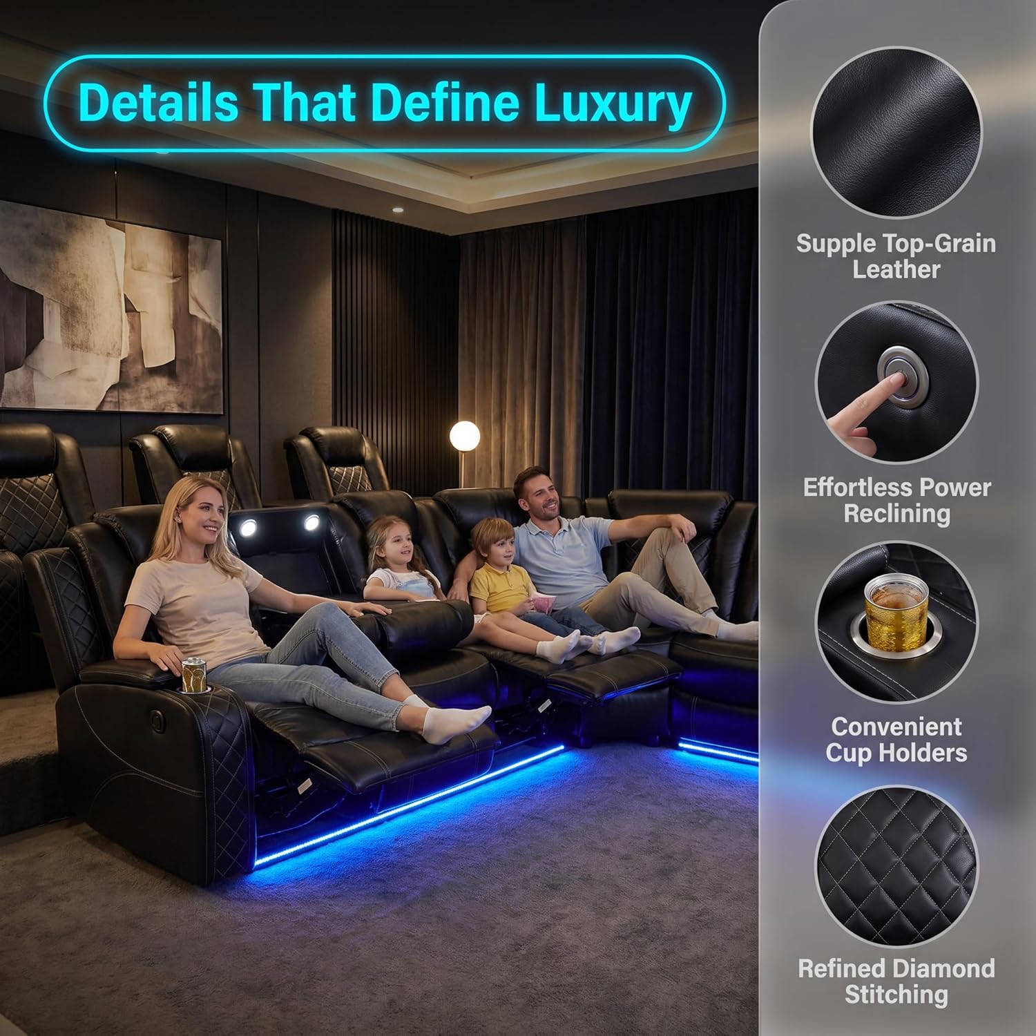 Living Room Furniture Sets, Power Reclining Sofa Set, Black Leather 2 Recliner Sectional with LED Light, Modern Power Recliner Sofa Sets with Cup Holder/Storage Console for Living Room