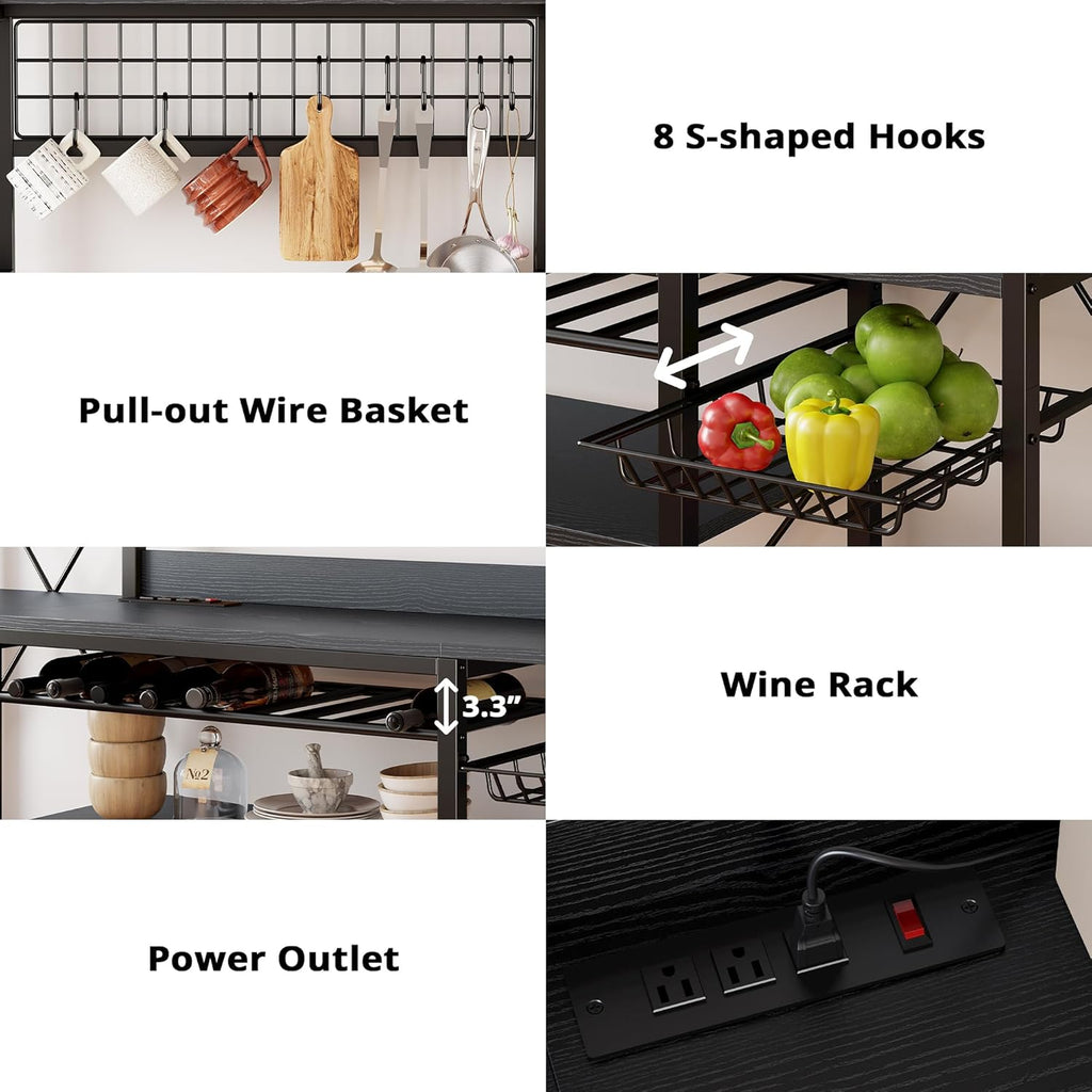 IRONCK Large Bakers Rack with Power Outlet, 62 Inch Wide Microwave Stand, Coffee Bar with Storage, Kitchen Racks and Shelves, Vintage Black