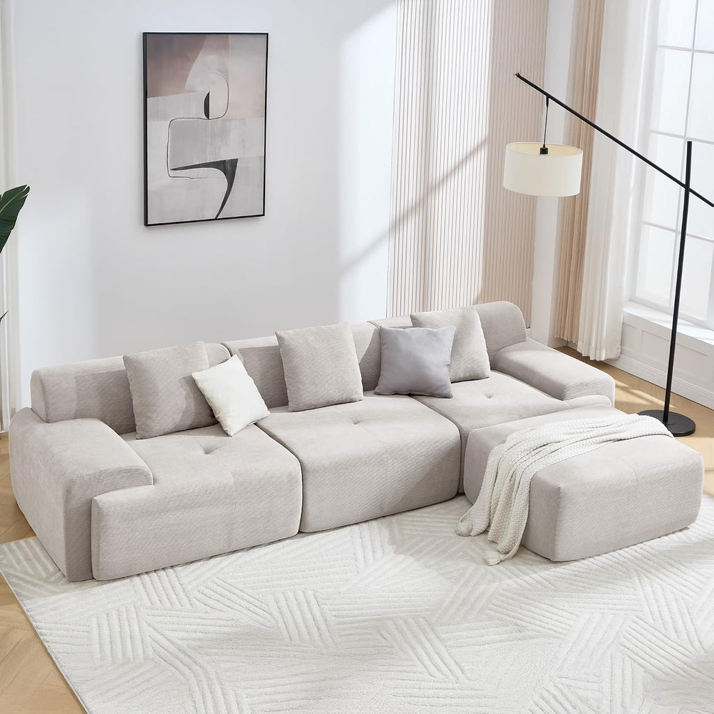 122" Modern L-Shaped Modular Sectional Sofa, Corduroy Upholstery Couches for Living Room, Oversized 3-Seater Boneless Cloud Couch with Deep Seat and Movable Ottoman, No Assembly, Camel/Beige