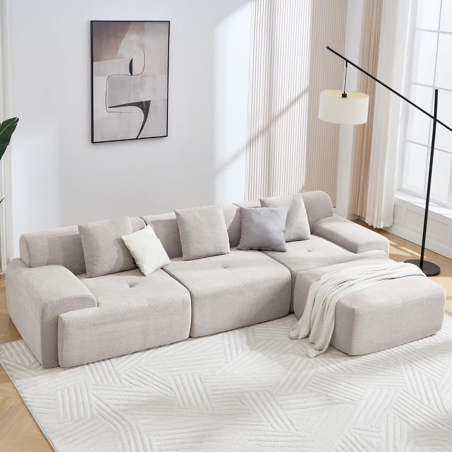 122" Modern L-Shaped Modular Sectional Sofa, Corduroy Upholstery Couches for Living Room, Oversized 3-Seater Boneless Cloud Couch with Deep Seat and Movable Ottoman, No Assembly, Camel/Beige