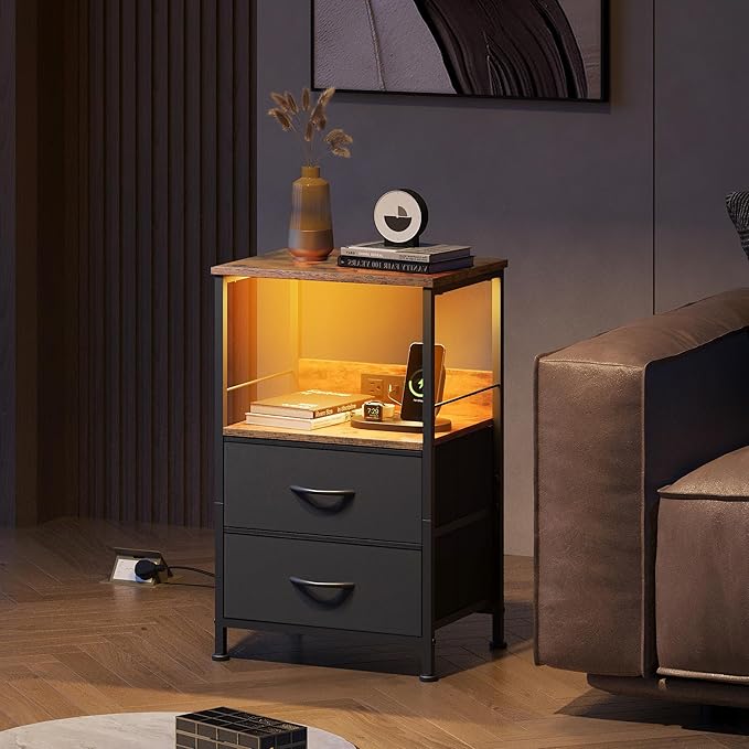 WLIVE Nightstand with Charging Station, LED Night Stand with 2 Fabric Drawers...