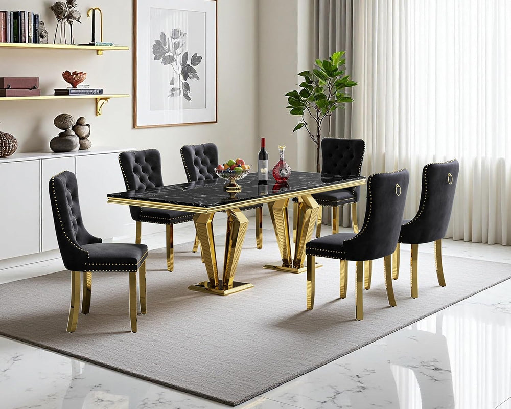 68" Faux Marble Dining Table Set for 6, Black Gold Dining Room Table wit...