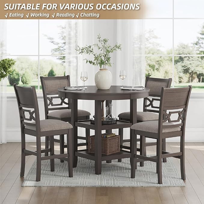 Signature Design by Ashley Wrenning Classic Upholstered Counter Height Dining Table and 4 Bar Stools with Storage, Set of 5, Gray & Light Gray