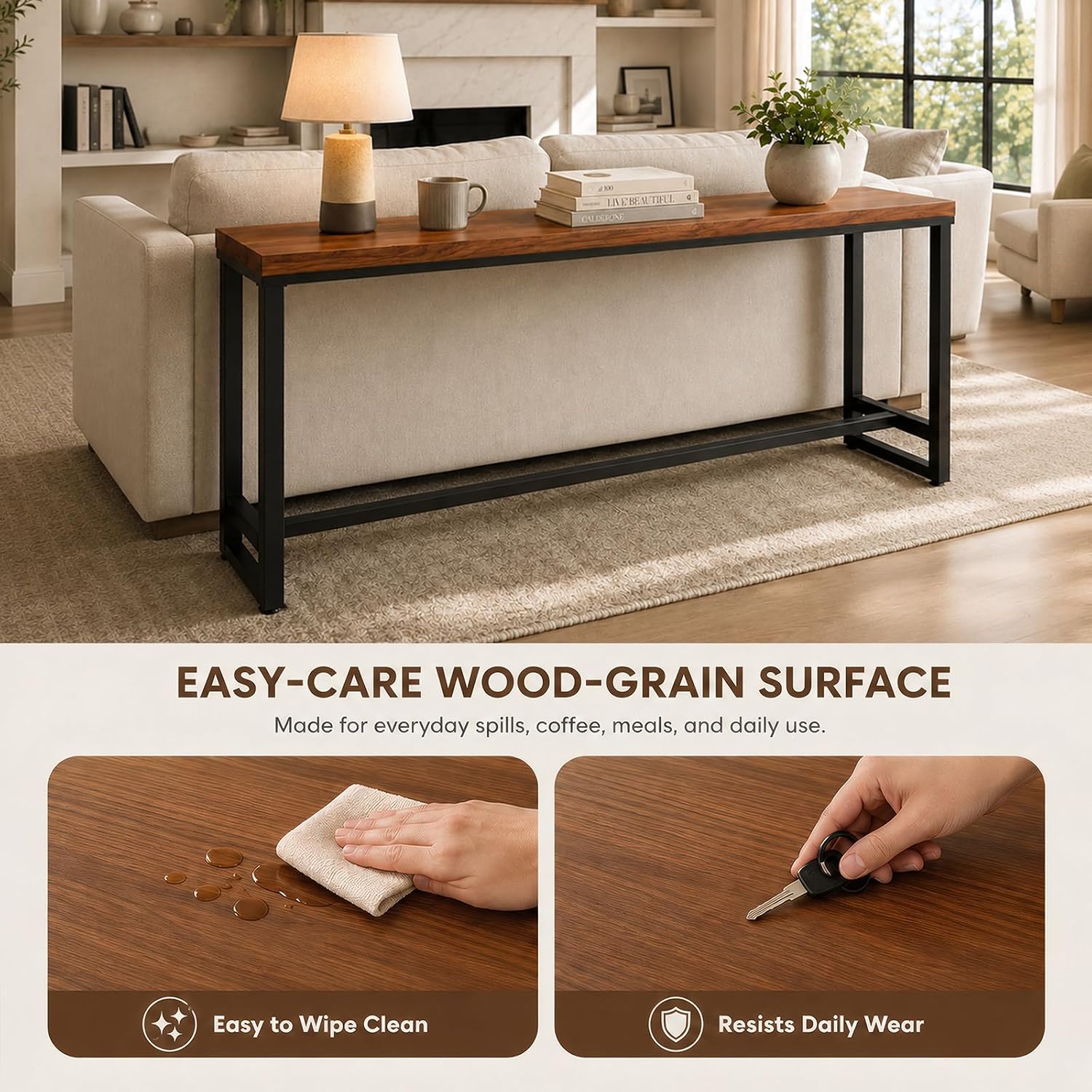 86.6" Solid Wood Bar Height Table - Long Narrow High Top Pub Table with 2" Thick Pine Top & Metal Legs, Farmhouse Counter Height for Kitchen, Breakfast Nook, Coffee Shop, No Stool
