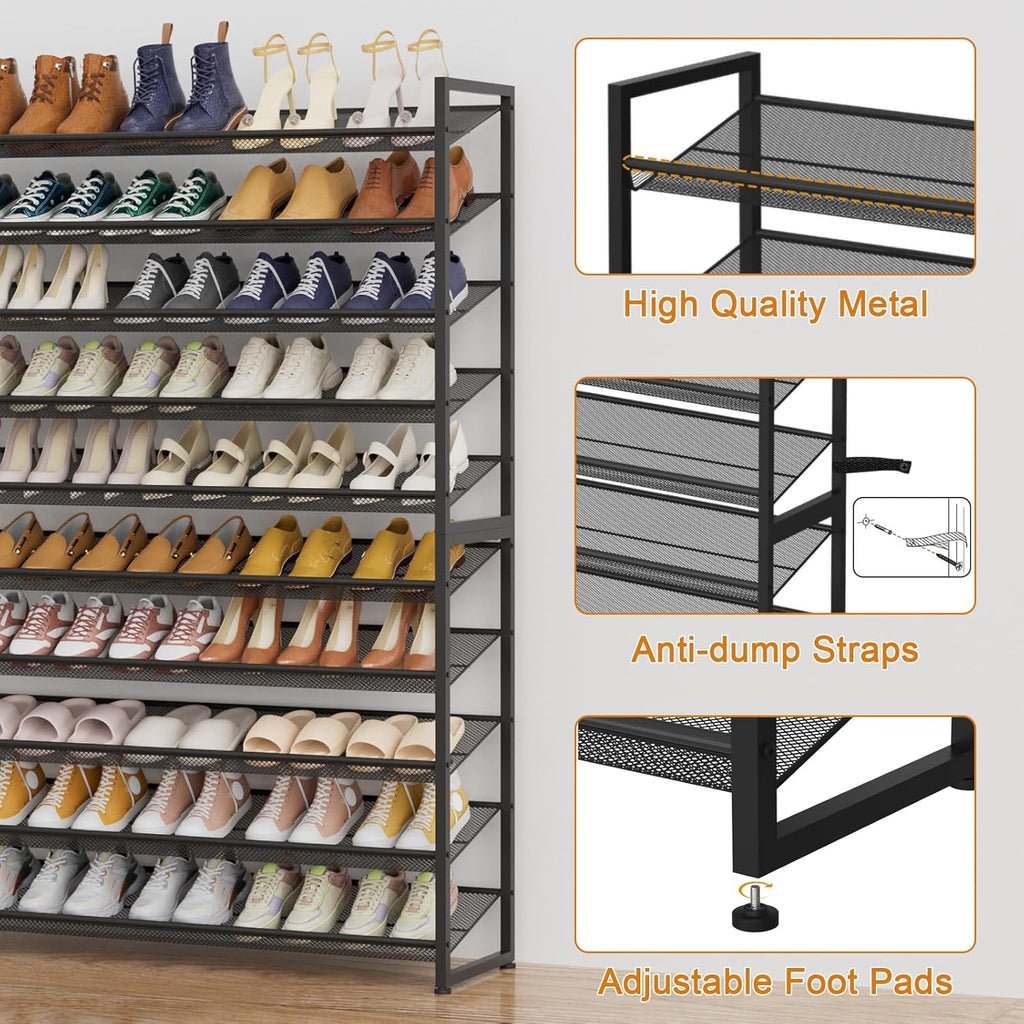 Large Shoe Rack 10 Tier Shoe Organizer, Heavy Duty Metal 5-Tier Stackable Shoe Storage Vertical Shoe Rack for Closet Front Door Entrance, Up to 62 Pairs, 44.8" W x 11.4" D x 71.2" H, Black