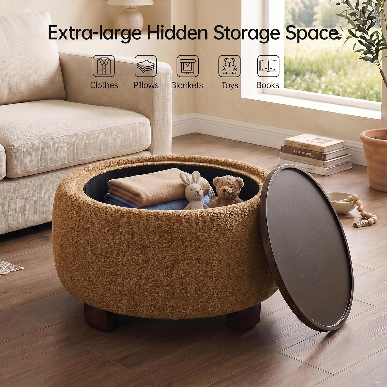 VKNOW 30" Round Storage Ottoman Coffee Table, Ottoman with Sotrage with Lift-Off Lid and Solid Wood Legs, Coffee Tables for Living Room, Bedroom, Apartments, Corners, Orange