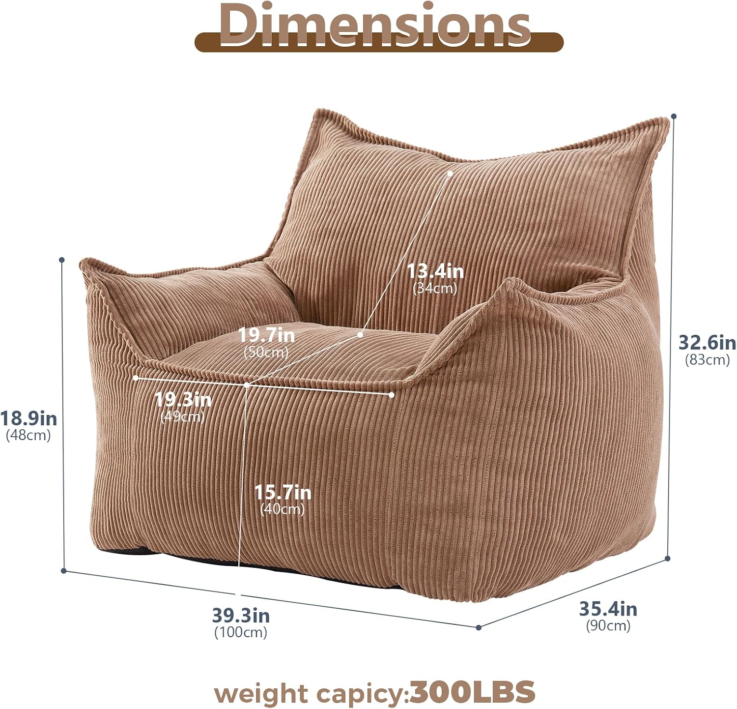 EBENCHICO Giant Bean Bag Chair for Adults, Corduroy Large Bean Bag Chairs for Teens with Armrests, Comfy Adult BeanBag Chair Sofa Couch with Filler Included for Bedroom Living Room