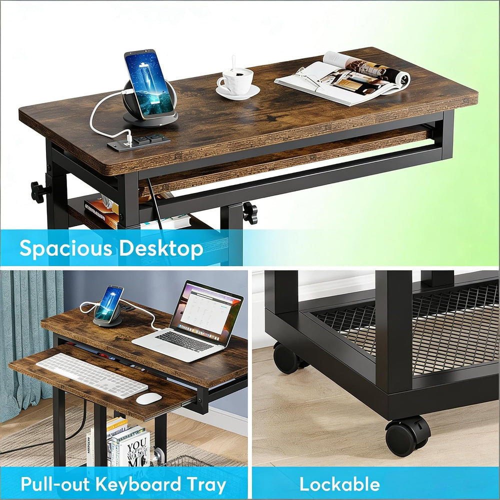 Side Table with Wheels, Mobile C Table,Narrow Desk,Convenient Charging Station
