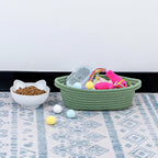 CubesLand Small Storage Basket Cotton Rope Organizer Baskets for Shelves | Set of 5 Decorative Closet Storage Bins with Handle for Countertop, Toilet Paper Basket for Toilet Tank Top, Green Basket