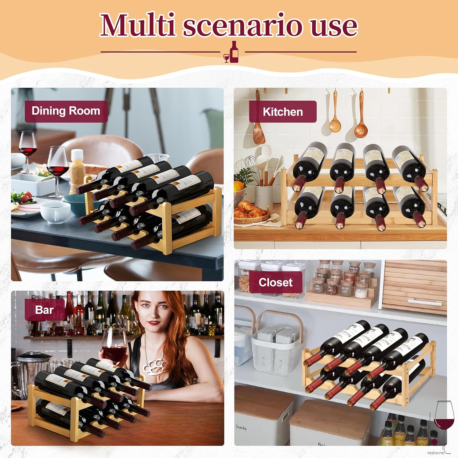 2 Pack Wine Racks, 2-Tire Bamboo Wine Rack, Wine Rack for Inside Cabinet 16 Bottles Wine Storage Holder Liquor Bottle Display Shelf Suitable for Bar,Home,Kitchen,Cellar Basement,Restaurant