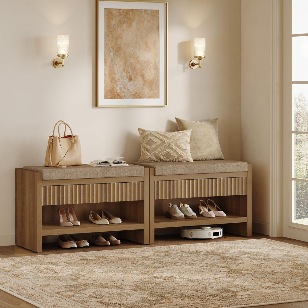 SICOTAS Fluted Shoe Bench with Cushion & Drawer for Entryway, Caramel Oak...