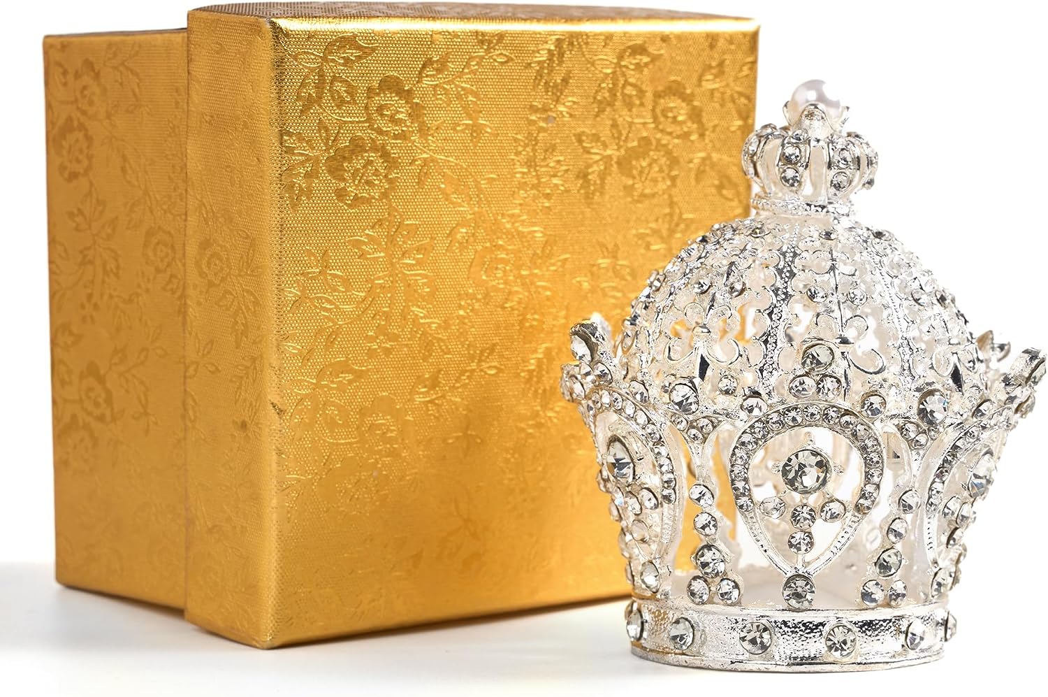 Silver Crown Jewelry Box, Vintage Decorative Trinket Box with Rhinestone | Hand Painted Ring Earring Storage - Metal Hollow Ring Earring Keepsake Case, Keepsake Gift Box for Women Girls