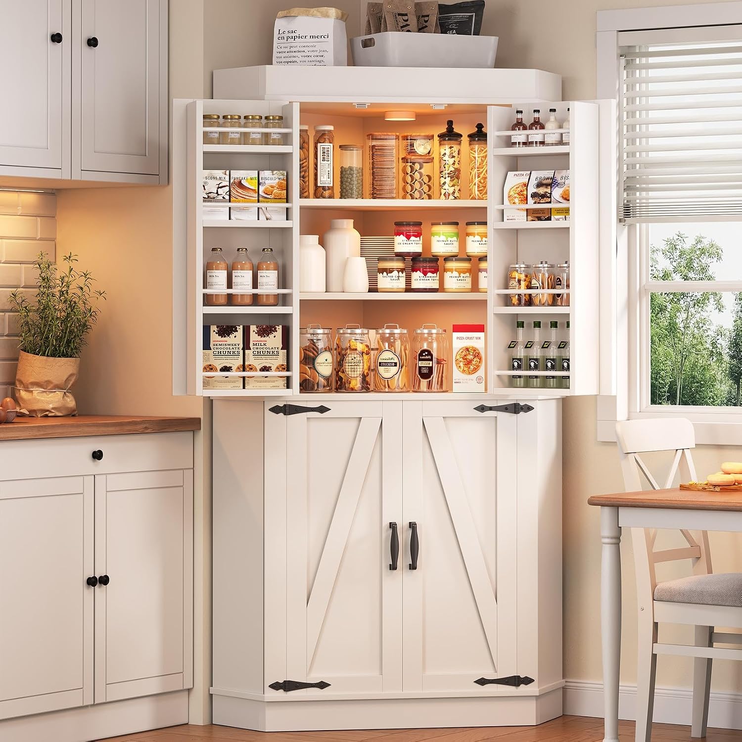 Jocoevol Corner Cabinet, Kitchen Pantry Storage Cabinet with 4 Doors and Shelves, Tall Food Pantry Storage Cabinet Farmhouse Furniture for Kitchen Dining Room, White