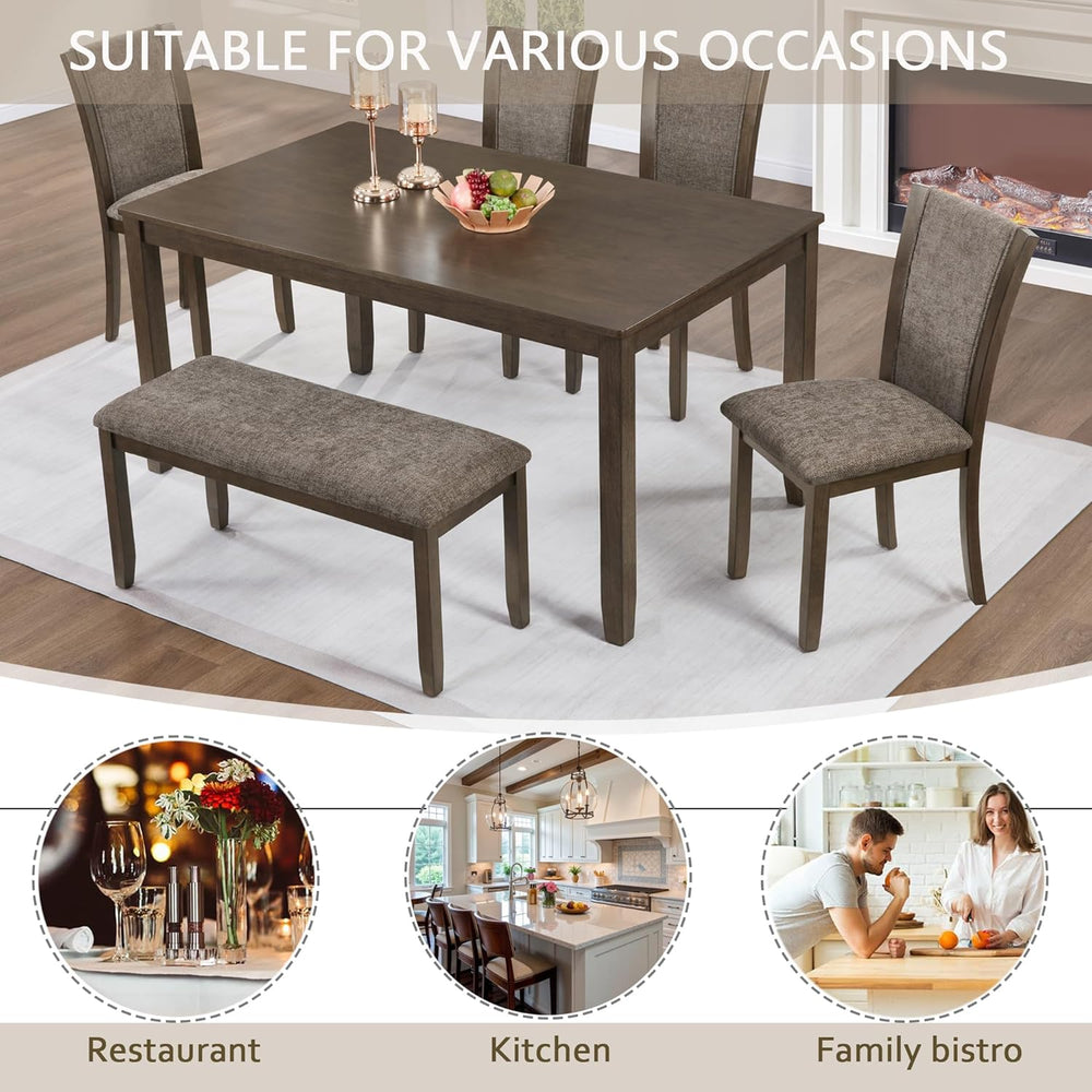 JIJIWANG 6-Piece Dining Table Set with Bench and Chairs, Wooden Dining Table ...
