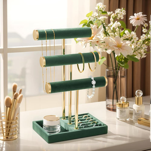 3 Tier Bracelet Holder Display - Detachable T Bar Dark Green Velvet Bracelet Holder, Jewelry Holder Organizer for Bracelet, Necklace, Watches, Rings