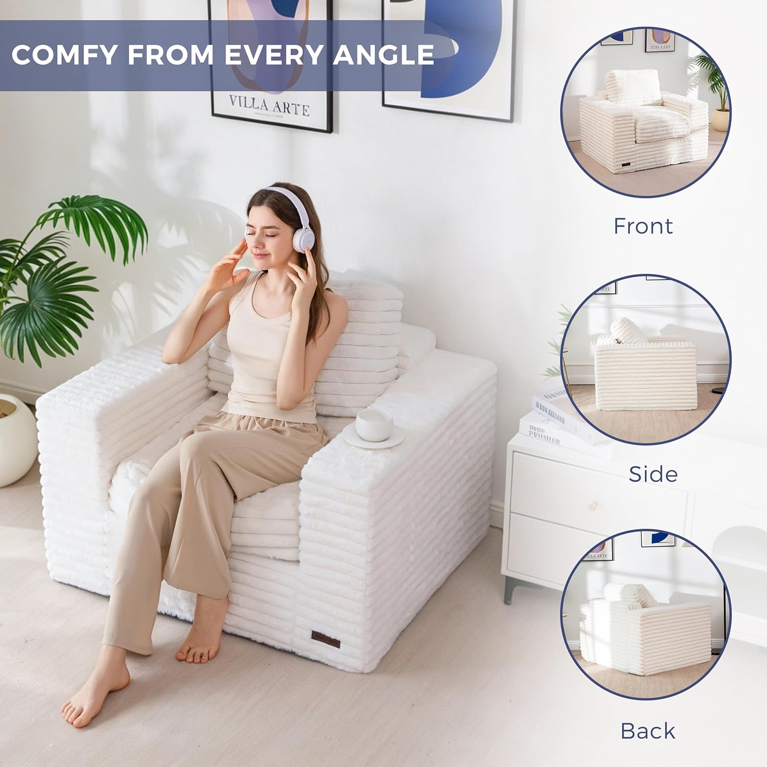 MAXYOYO Bean Bag Chair with Pillows, Floor Sofa with Armrests and Support, Plush Foam Filled Lounge Chair for Adults, Cozy Bean Bag Couch for Living Room, Bedroom, Apartment, Beige