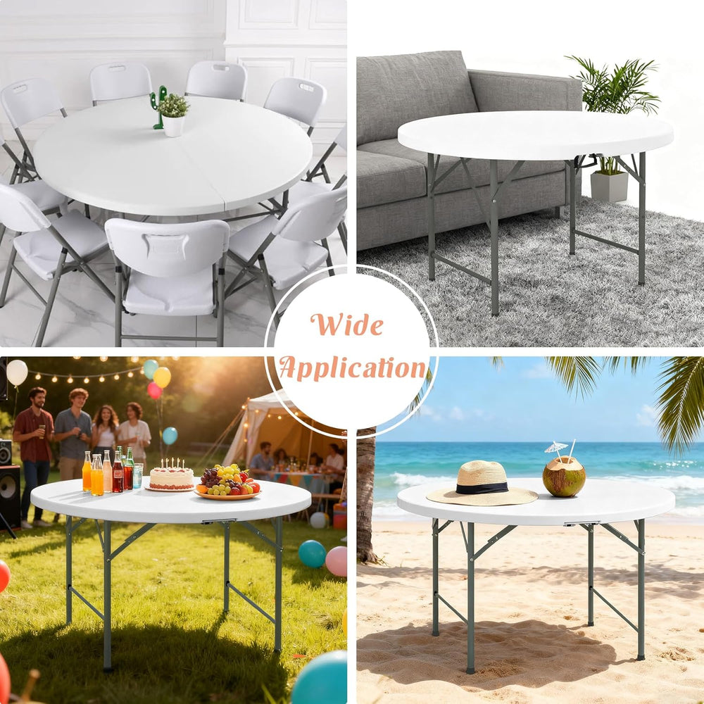 4 FT Round Folding Tables with Carrying Handle Lightweight Portable Plastic C...