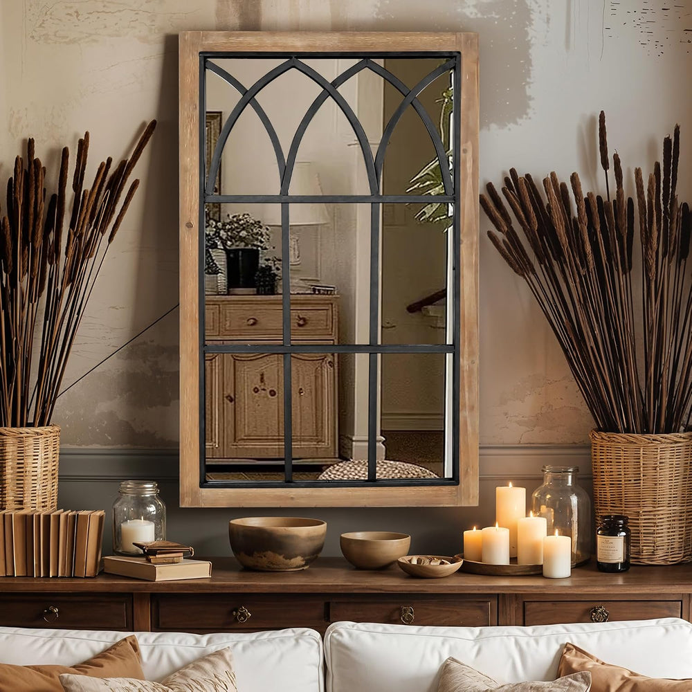 Rustic Window Mirror for Wall Decor, Wooden Frame Decorative Wall Mirror