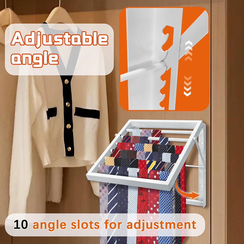 Tie Rack Wall Mounted, Adjustable Angle Tie Organizer for 60 Ties & Scarves | Holds up to 60 Ties, 10 Angle Slots, Wall-Mounted Easy Installation, Long-Lasting Design