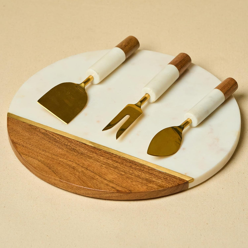 Marble Cheese Board with Wooden Thick Inlay - 3 Knife Set Included Round Char...