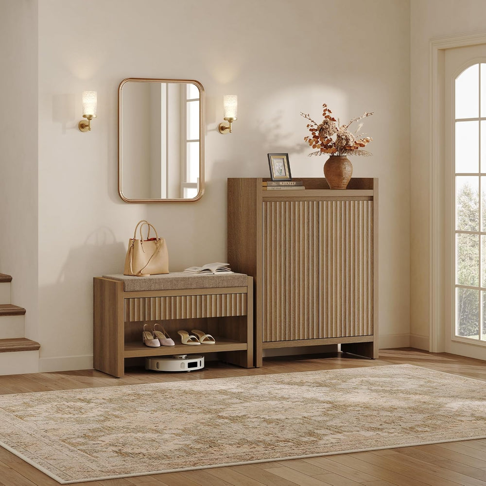 SICOTAS Fluted Shoe Bench with Cushion & Drawer for Entryway, Caramel Oak...