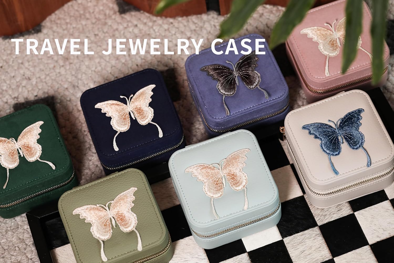 S.Leaf Travel Jewelry Organizer Boxes for Women Small Portable Necklace Earrings Bracelet Rings Travel Case Best Friend Birthday Gifts for Women Trendy (Butterfly_Green_Gold)