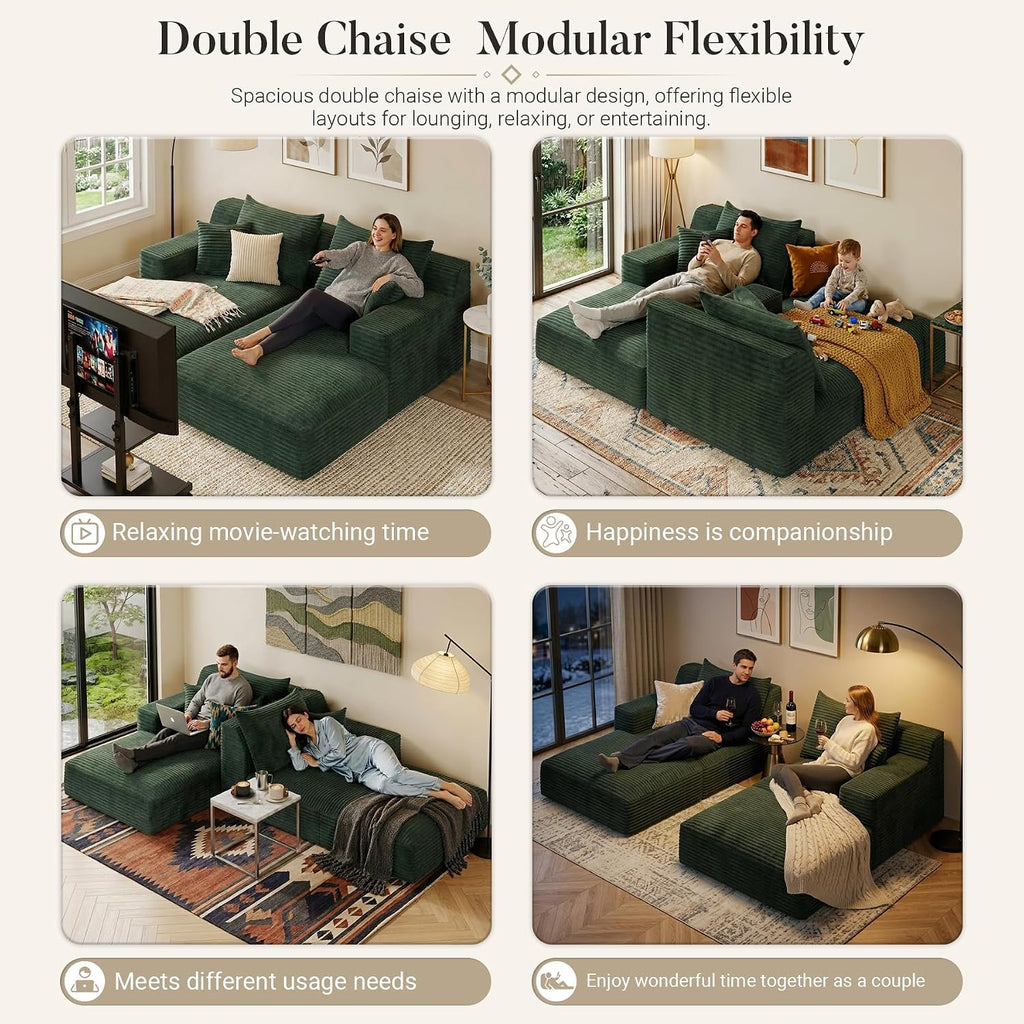 80" Boneless Chaise Lounge Chair Indoor, Double Chaise Lounge Chairs Indoor,Boneless Loveseat Chairs with Comfort Corduroy, No Assembly Required/40D Memory Foam/Living Room/Bedroom (Green)