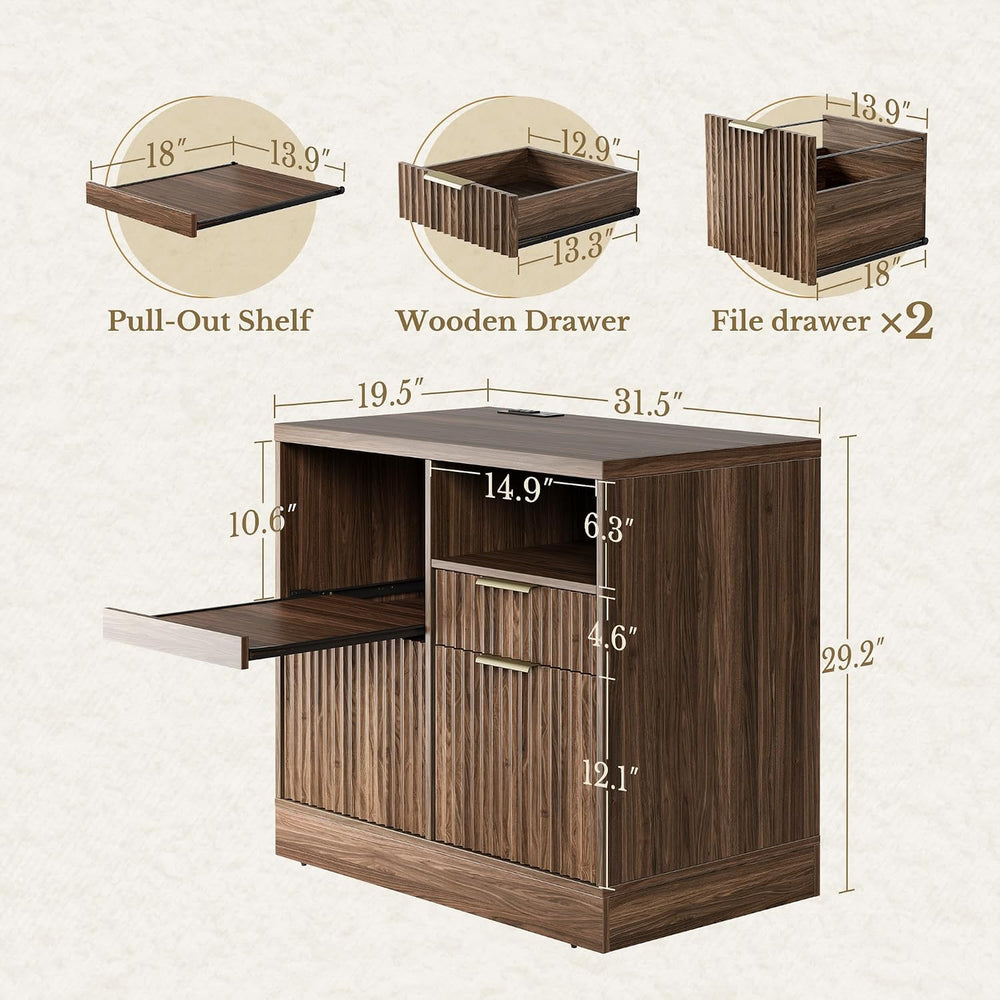 3 Drawer File Cabinet, Fluted Wood Lateral Filing Cabinet with Charging Stati...