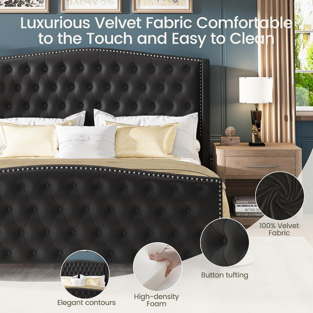 LARMACE King Size Bed Frame Velvet Upholstered Platform Bed with Wingback Hea...