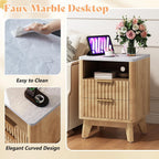 AMERLIFE Fluted Nightstand with Charging Station and Faux Marble Top, 18" Modern Bedside Table with 2 Drawers and Metal Handle, Side Table for Bedroom, Living Room, Natural Oak