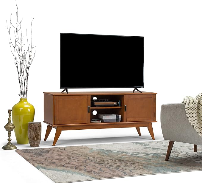 SIMPLIHOME Draper TV Stand - 60 inch Wide Solid Wood Low Media Console in Teak Brown, Mid Century Modern Entertainment Center for Living Room for TVs up to 65 Inches with Cabinets and Cable Management