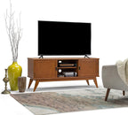 SIMPLIHOME Draper TV Stand - 60 inch Wide Solid Wood Low Media Console in Teak Brown, Mid Century Modern Entertainment Center for Living Room for TVs up to 65 Inches with Cabinets and Cable Management