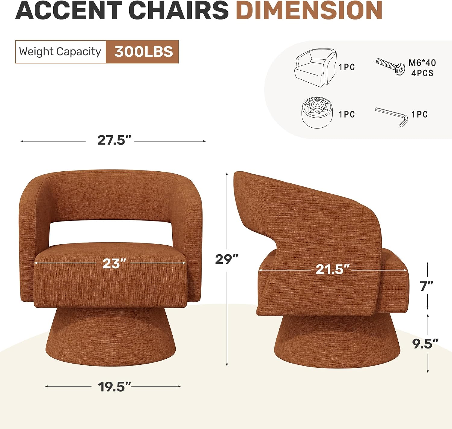 Nebuaegis Swivel Accent Chair Set of 2, Modern Comfy Chenille Barrel Chairs, Oversized Upholstered Round Arm Chair for Living Room, Bedroom, Reading Room, Caramel