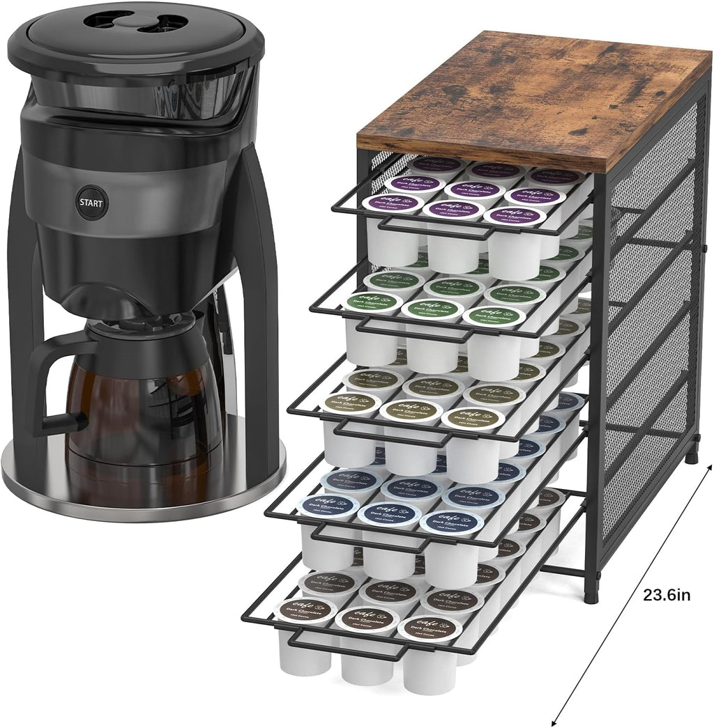 Coffee Pod Drawer for K Cups 90 Pod Pack Capacity Rack K Cups Holder Drawer Organizer for Coffee Station 5 Tier K Cups Coffee Pods Holder Suit for Home Office Cafe Counter, Black and Brown