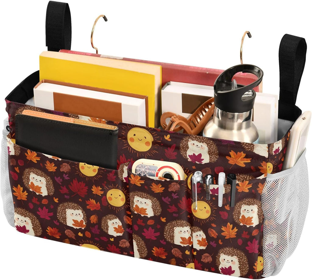 Autumn Leaves Sun Hedgehogs Brown Bedside Caddy for Dorm Bed Bedside Hanging Caddy Bag Iron Frame Storage Organizer Pocket for Bunk Home College Hospital Beds 2 Hooks