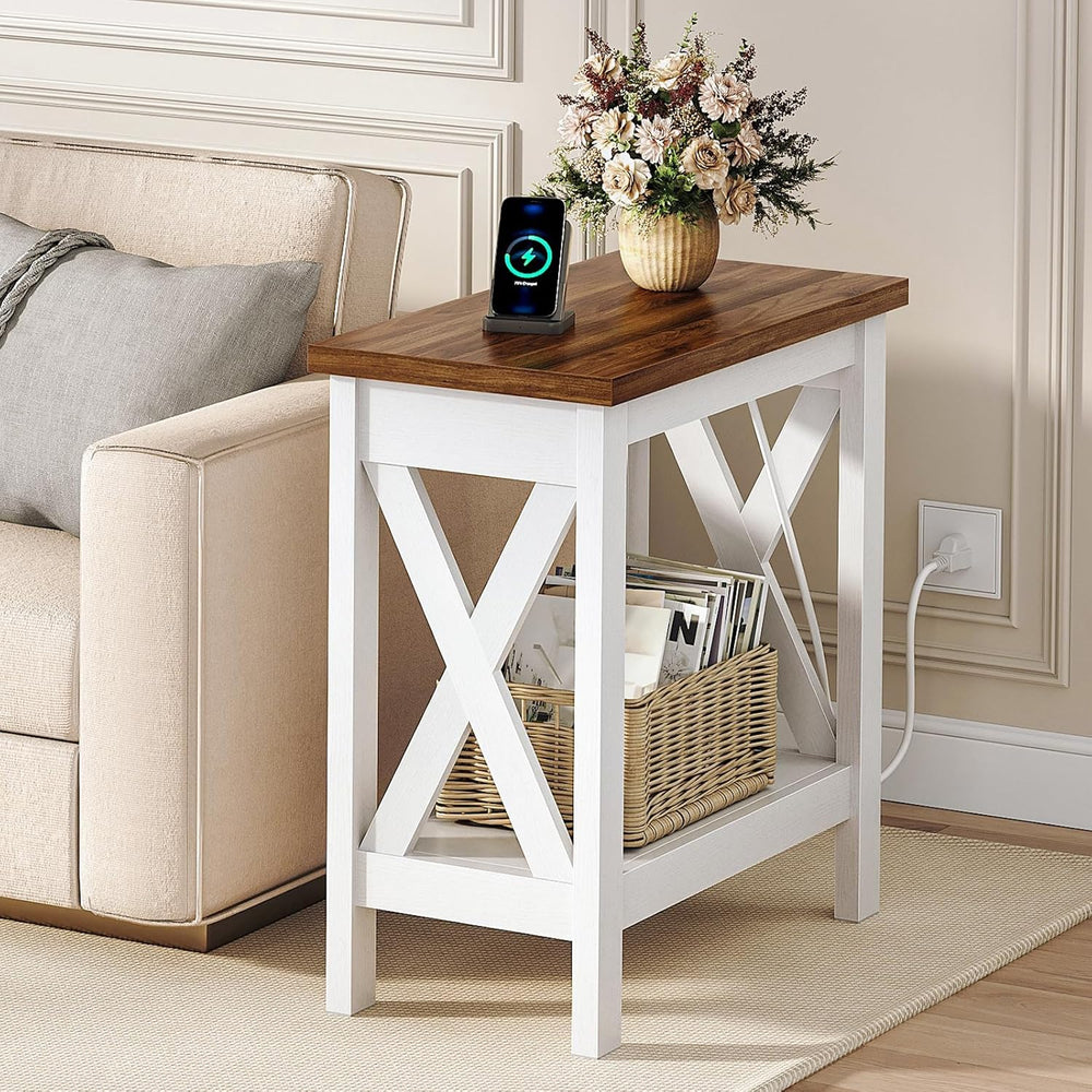 HOOBRO End Table with Charging Station, Farmhouse Narrow Side Table, 2-Tier w...