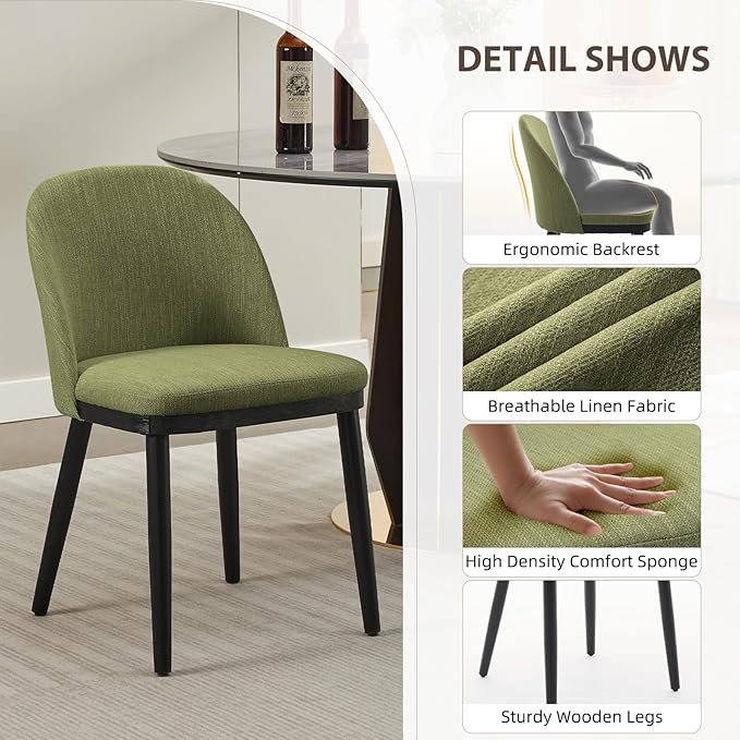 Upholstered Dining Chairs Set of 2,Modern Fabric Dinner Chairs with Wood Legs,Large Dining Room Kitchen Chairs with High Back and Deep Seat for Dining Room Kitchen Restaurant,Green