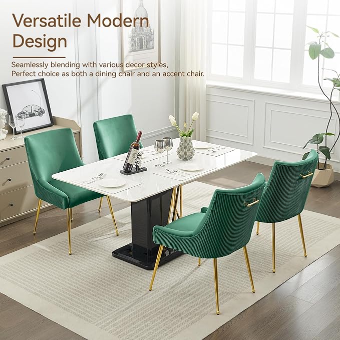Velvet Dining Chairs Set of 6 Gold Legs,Upholstered Velvet Accent Chairs, Pleated Back Design & Gold Pull Handle, Mid Century Modern Chairs for Dining/Kitchen/Living Room,Green