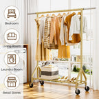 Heavy Duty Clothes Rack Load 450 LBS, Metal Garment Rack, Standing Rolling Clothing Rack for Hanging Clothes with Sturdy Wheels & Shelves, Portable Closet Wardrobe Rack,Gold