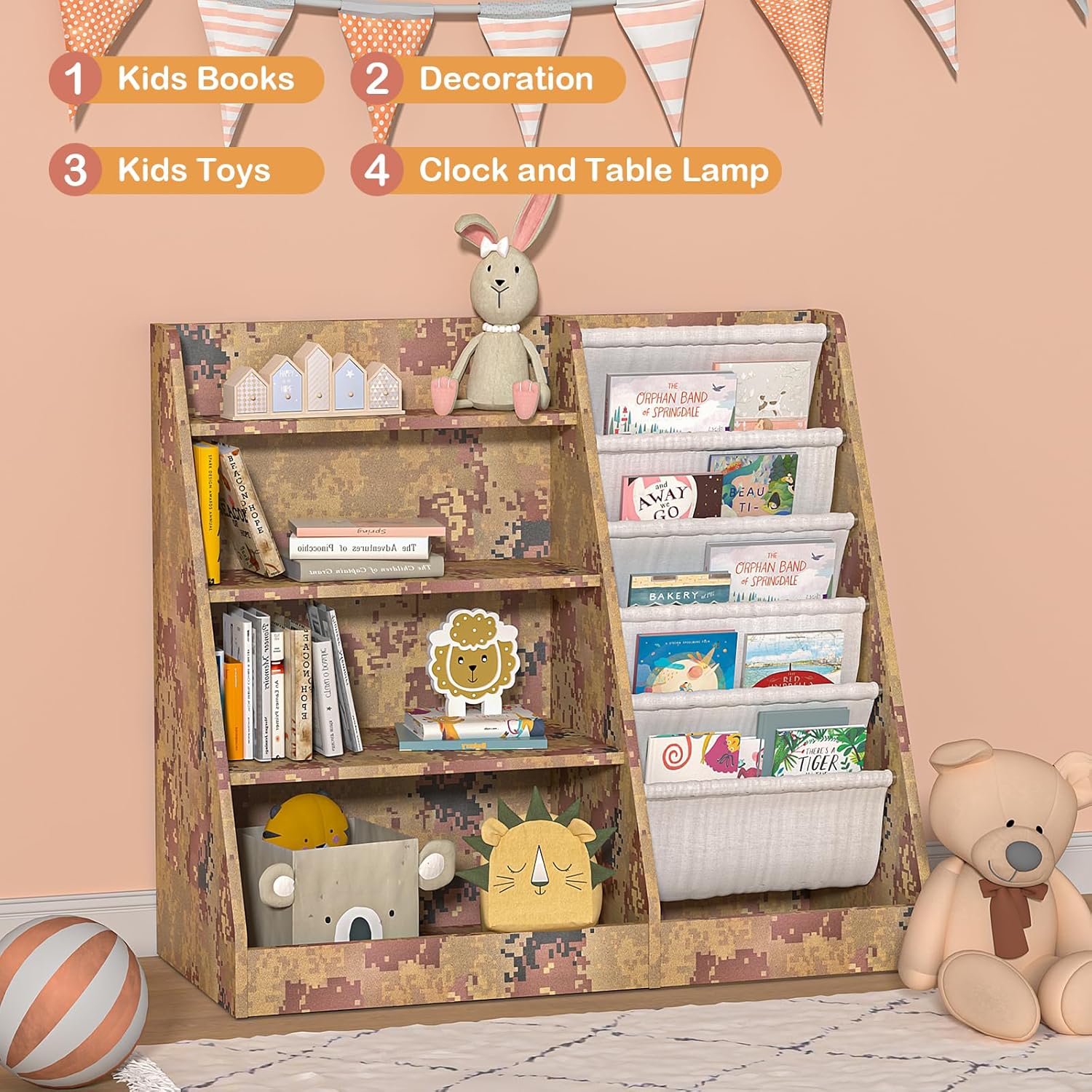 4 Tier Kids Bookshelf Wooden, Five Layer Sling Children Bookcase, Baby Toddler Storage Book Rack, Book and Toy Organizer Cabinet Chest, Book Display Shelf Stand, Playroom Nursery Classroom Library