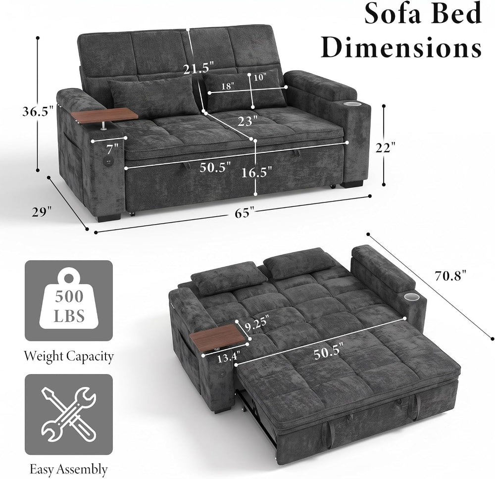 Dreamzie 65'' Convertible Sleeper Sofa Bed with Swivel Side Table, Ch...