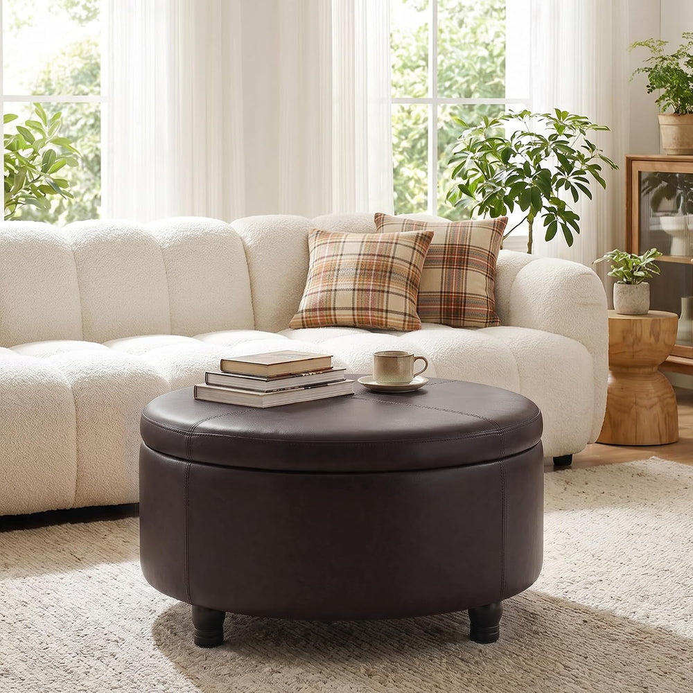 30-Inch Round Ottoman, Leather Ottoman with Storage (Brown)