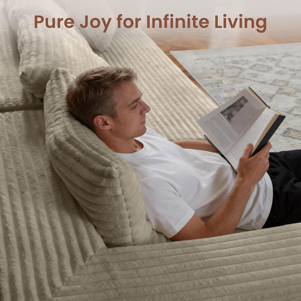 107" Oversized Boneless Couch, Left-Facing Modular Sectional Sofa | All Foam Floor Sofa with Deep Seat Chaise, Fluffy Corduroy Modern Couch No Assembly, Flexible Combination for Home | Oatmeal