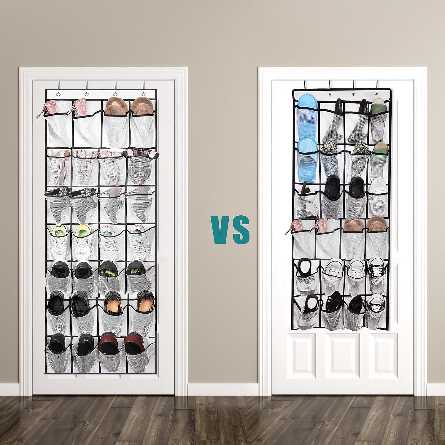 VOPTON 28Large Pockets Over The Door Shoe Organizer, Hanging Shoe Organizer for Closet, Premium Clear Shoe Rack for Door, Shoes Hanger Organizers Storage Holder for Back of Door and 4Metal Hook White