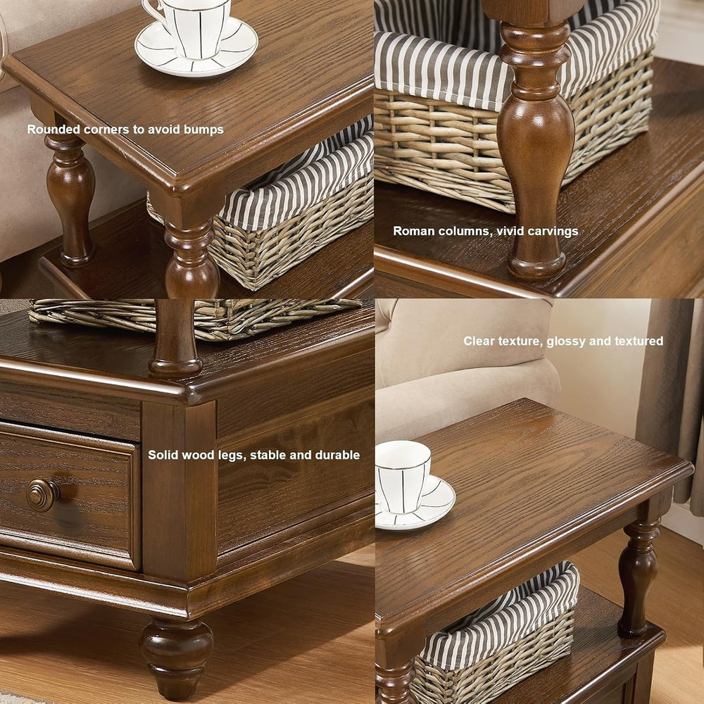 Narrow End Table with Drawer and Storage Shelf Solid Wood Slim Rectangular So...
