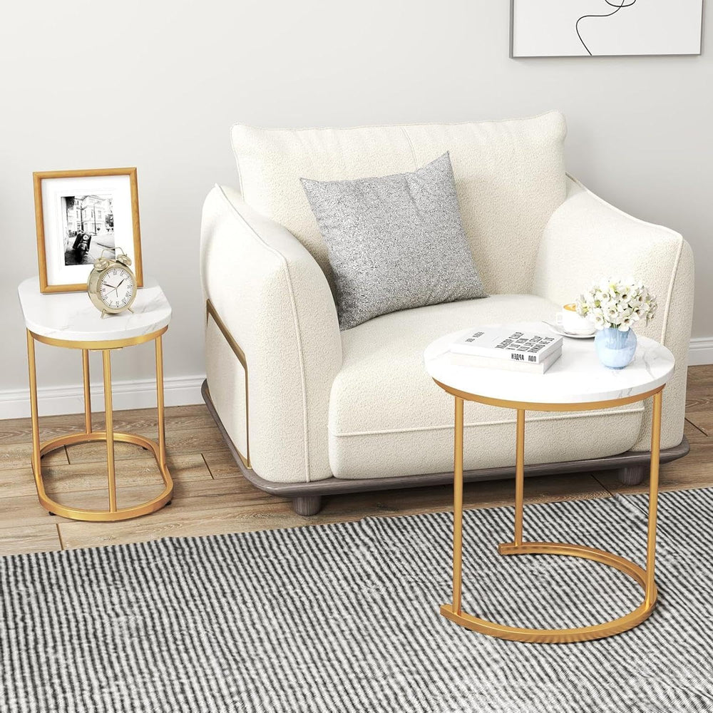 CASART Set of 2 Nesting Tables, Faux Marble Stacking Sofa Side Tables 2PCS Ro...