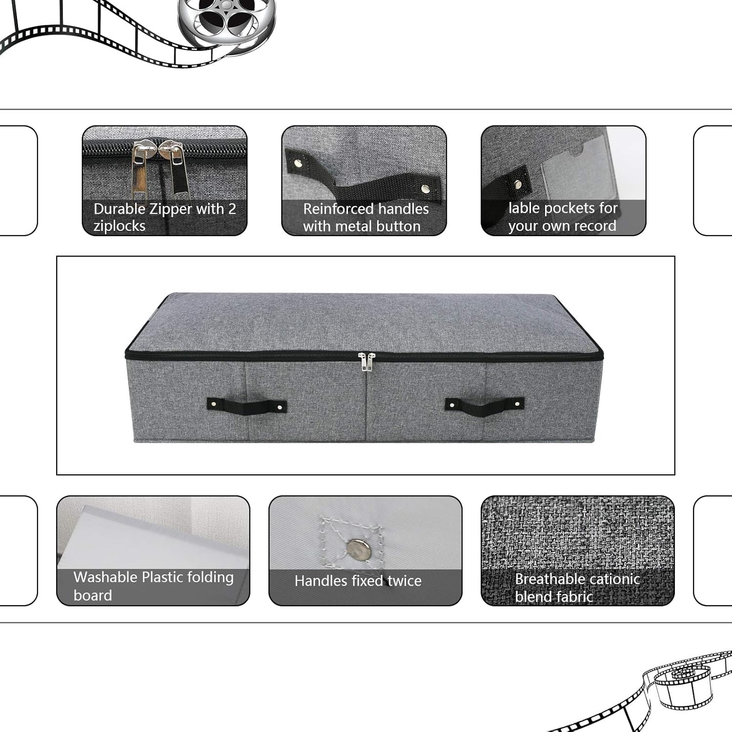 Omygarden Foldable Fabric Sturdy Under Bed Storage Box with 6 Handles, Zipper Lid, Blankets Clothes Comforters Storage Bin Organizer for Bedroom and Closet, 35x 16.5 x 7inch, Black Grey