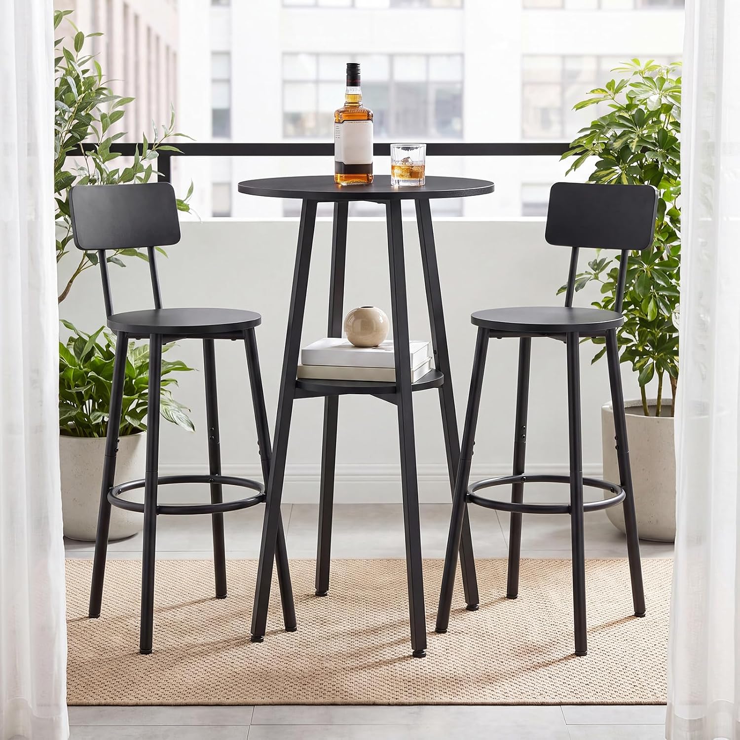 HOOBRO 3 Pieces Round Bar Height Table and Chairs Set, Round Dining Table Set, Pub Table and Chairs for Small Space, 2 Tier Kitchen Table and Bar Stools with Back, Black BB35BT01