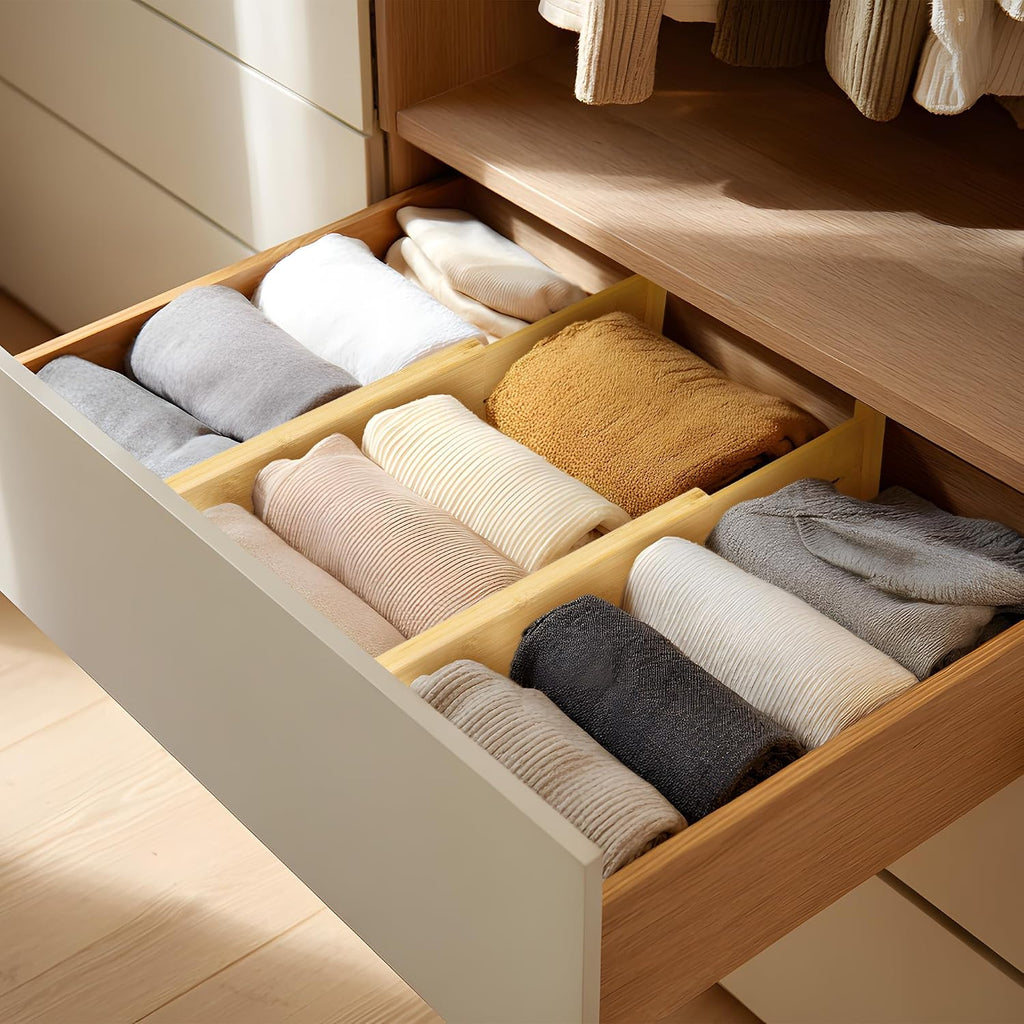 VaeFae 6 Pack Bamboo Drawer Dividers, 4" High Adjustable 11.9-17.1" Clothes Drawer Organizers, Expandable Separators for Bedroom/Bathroom/Kitchen/Office Storage