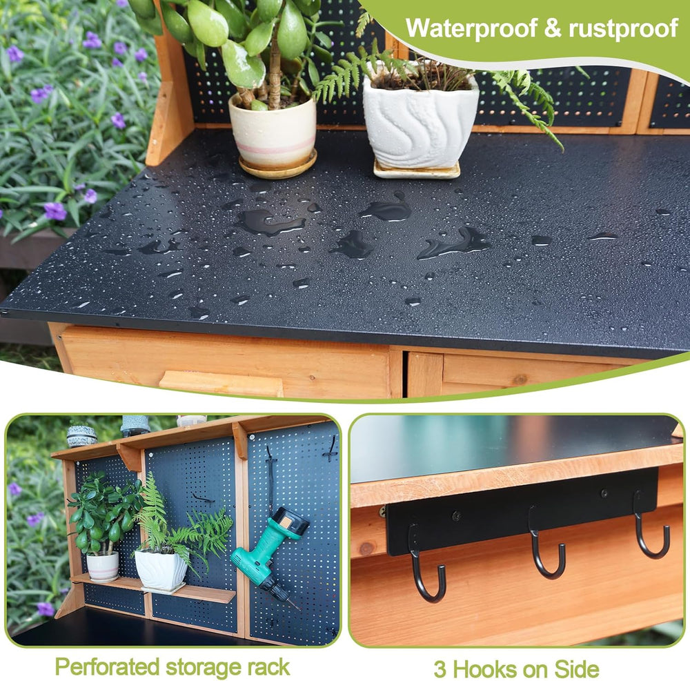 Outdoor Potting Bench,Wooden Potting Table with Metal Tabletop,Garden Work Be...
